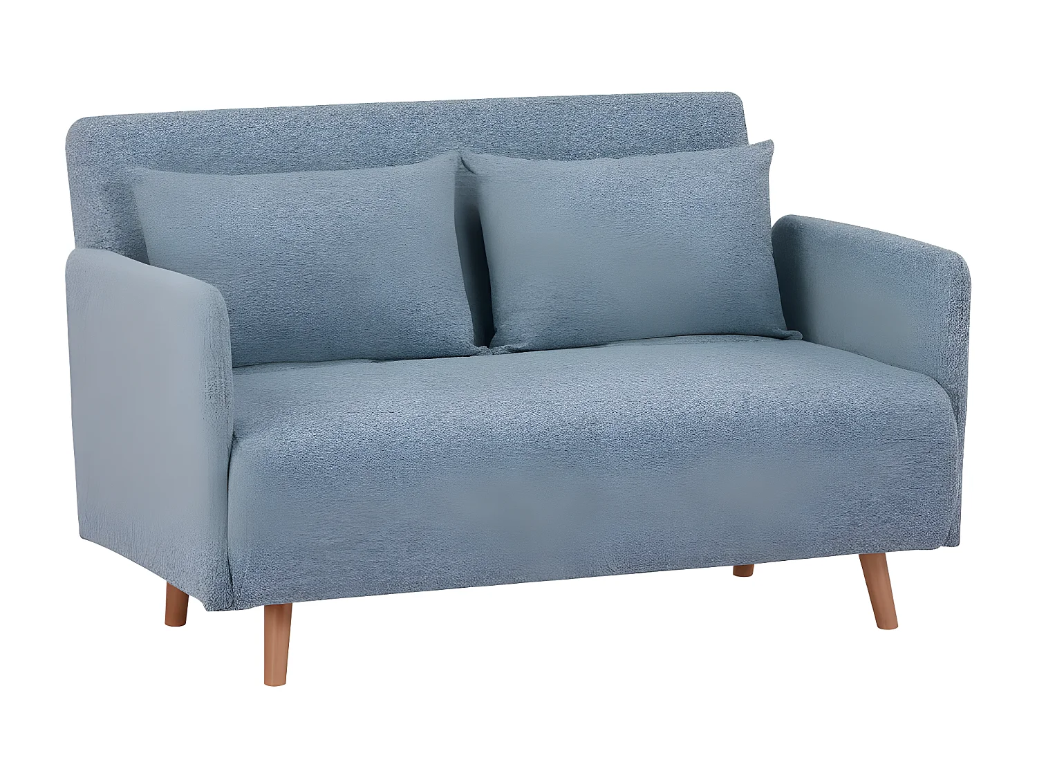 Belushi - Canapé convertible 2 places en tissu bouclette pieds bois clair L120cm - Bleu aqua