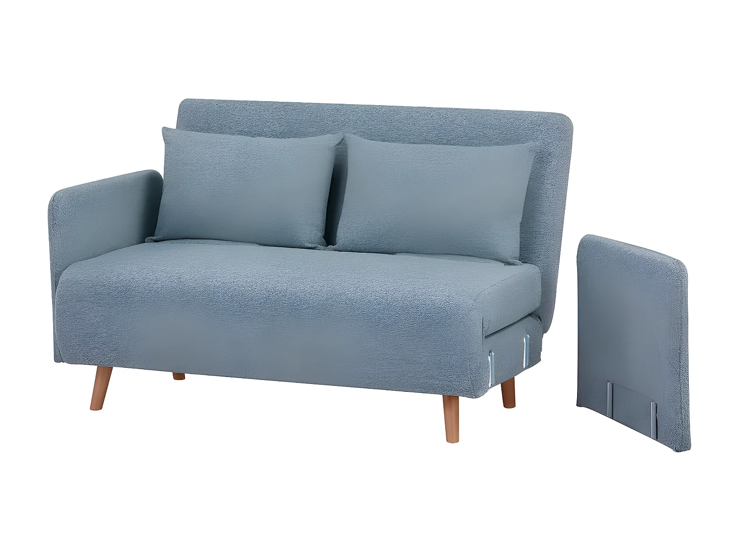 Belushi - Canapé convertible 2 places en tissu bouclette pieds bois clair L120cm - Bleu aqua