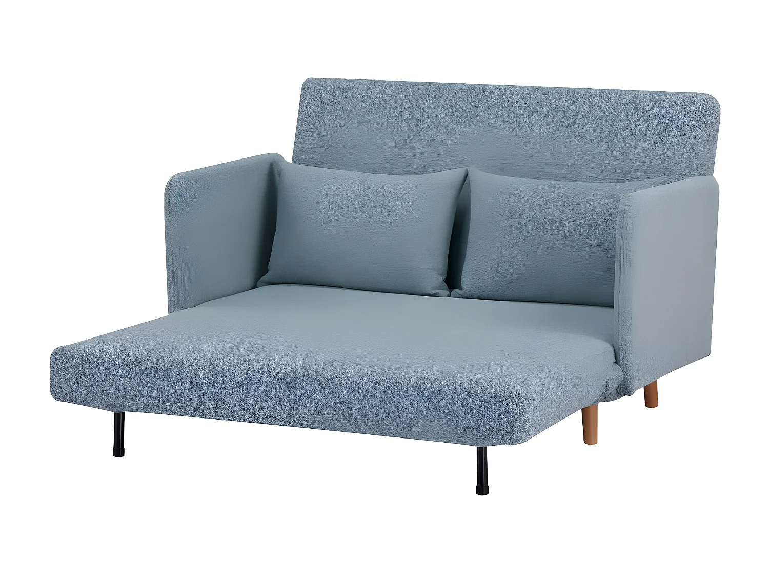 Belushi - Canapé convertible 2 places en tissu bouclette pieds bois clair L120cm - Bleu aqua
