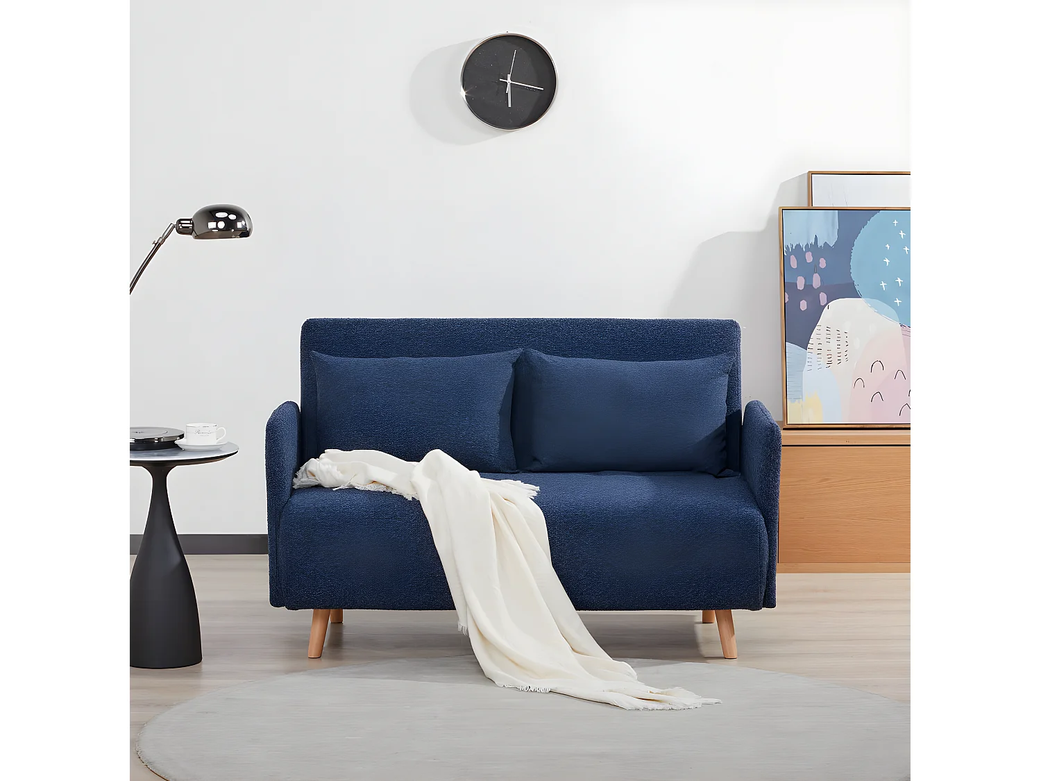 Belushi - Canapé convertible 2 places en tissu bouclette pieds bois clair L120cm - Bleu nuit