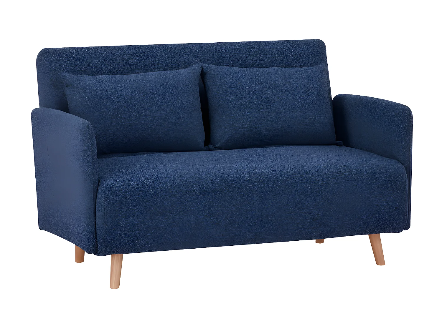 Belushi - Canapé convertible 2 places en tissu bouclette pieds bois clair L120cm - Bleu nuit