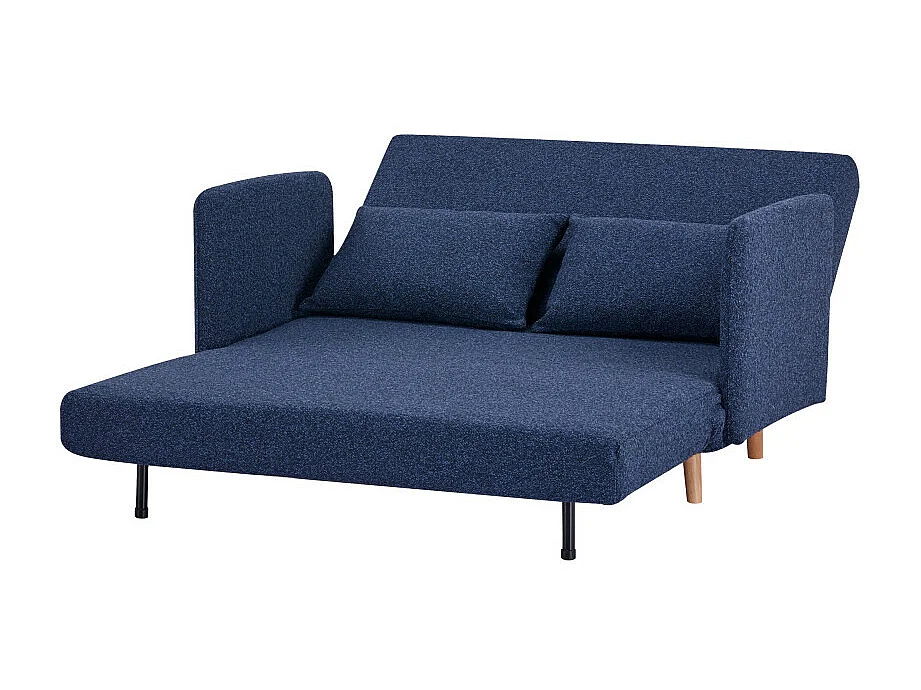 Belushi - Canapé convertible 2 places en tissu bouclette pieds bois clair L120cm - Bleu nuit