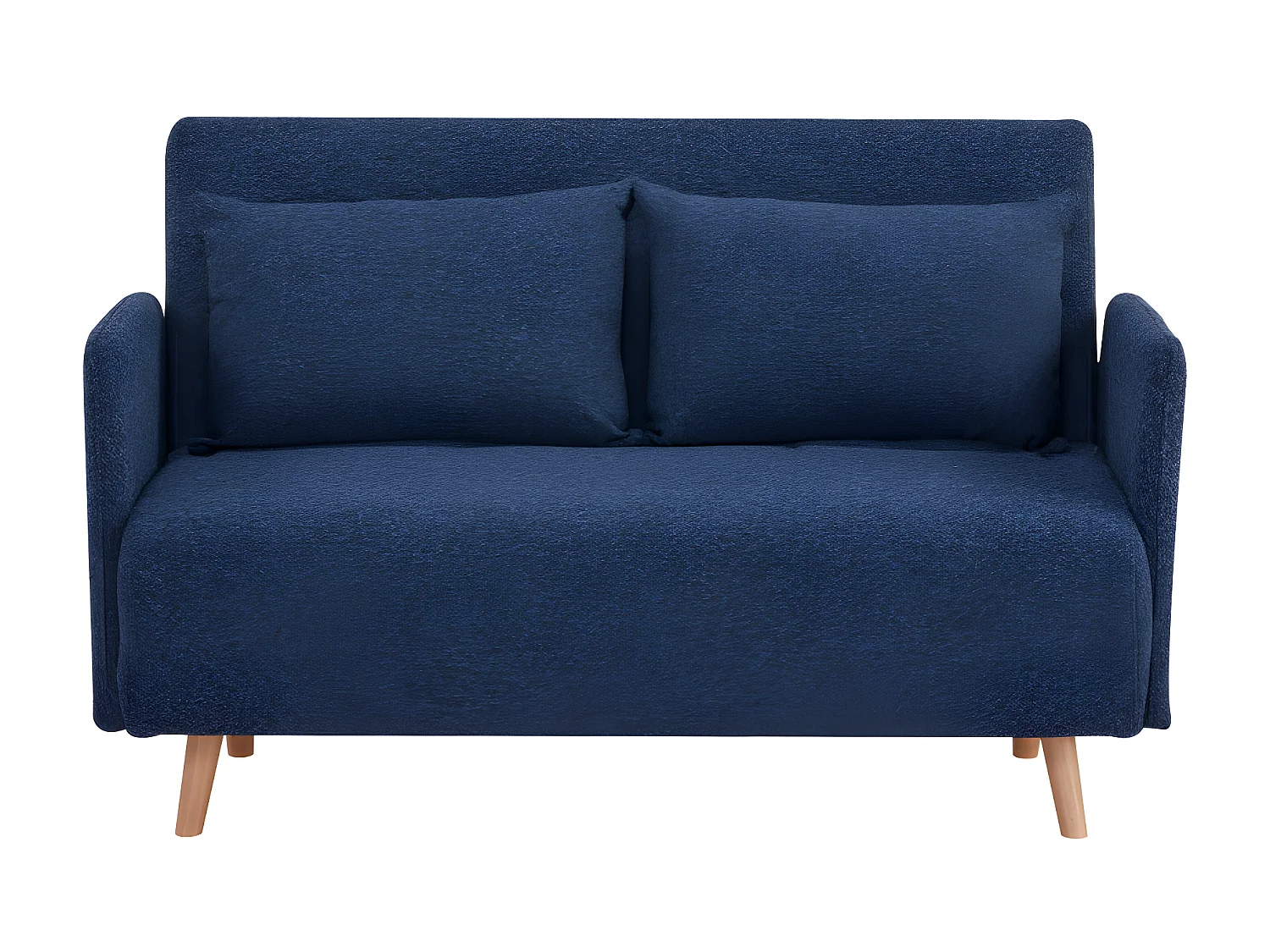 Belushi - Canapé convertible 2 places en tissu bouclette pieds bois clair L120cm - Bleu nuit