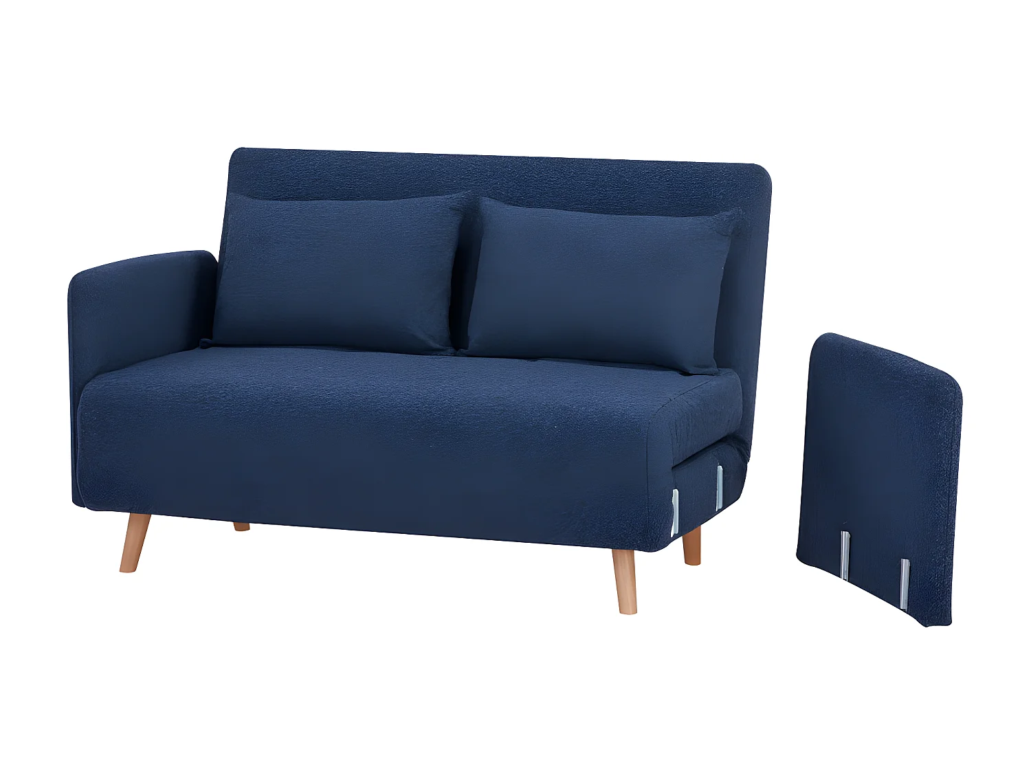 Belushi - Canapé convertible 2 places en tissu bouclette pieds bois clair L120cm - Bleu nuit