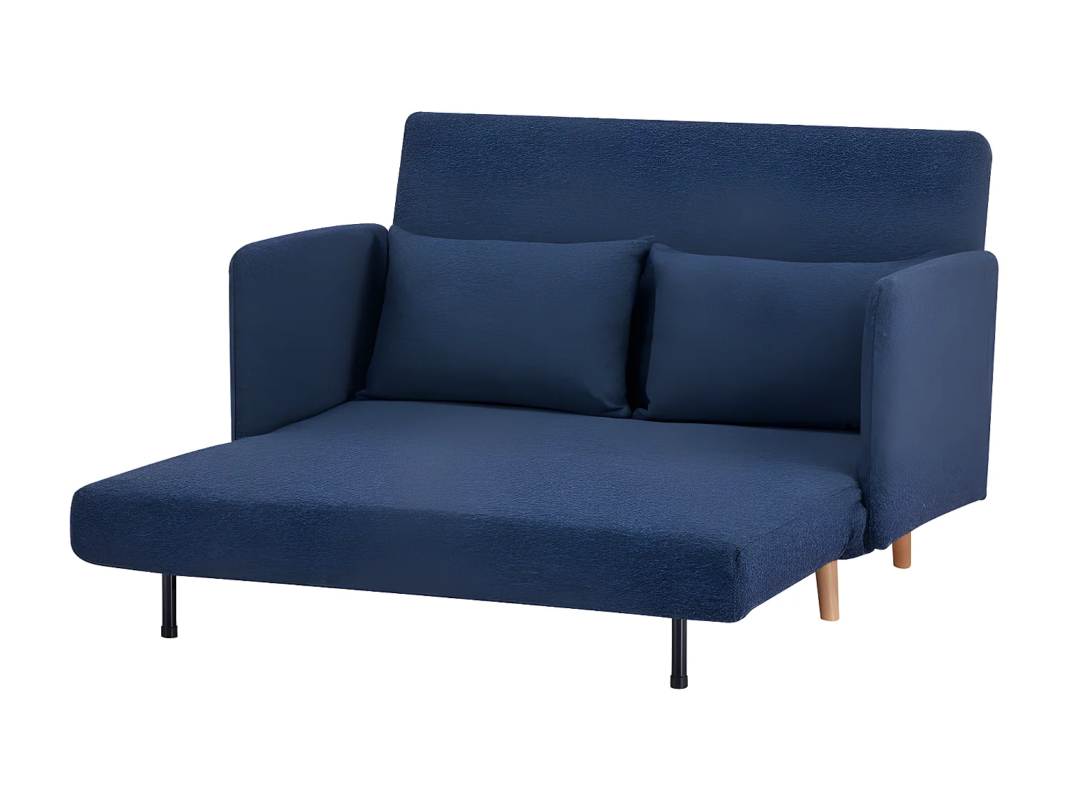 Belushi - Canapé convertible 2 places en tissu bouclette pieds bois clair L120cm - Bleu nuit