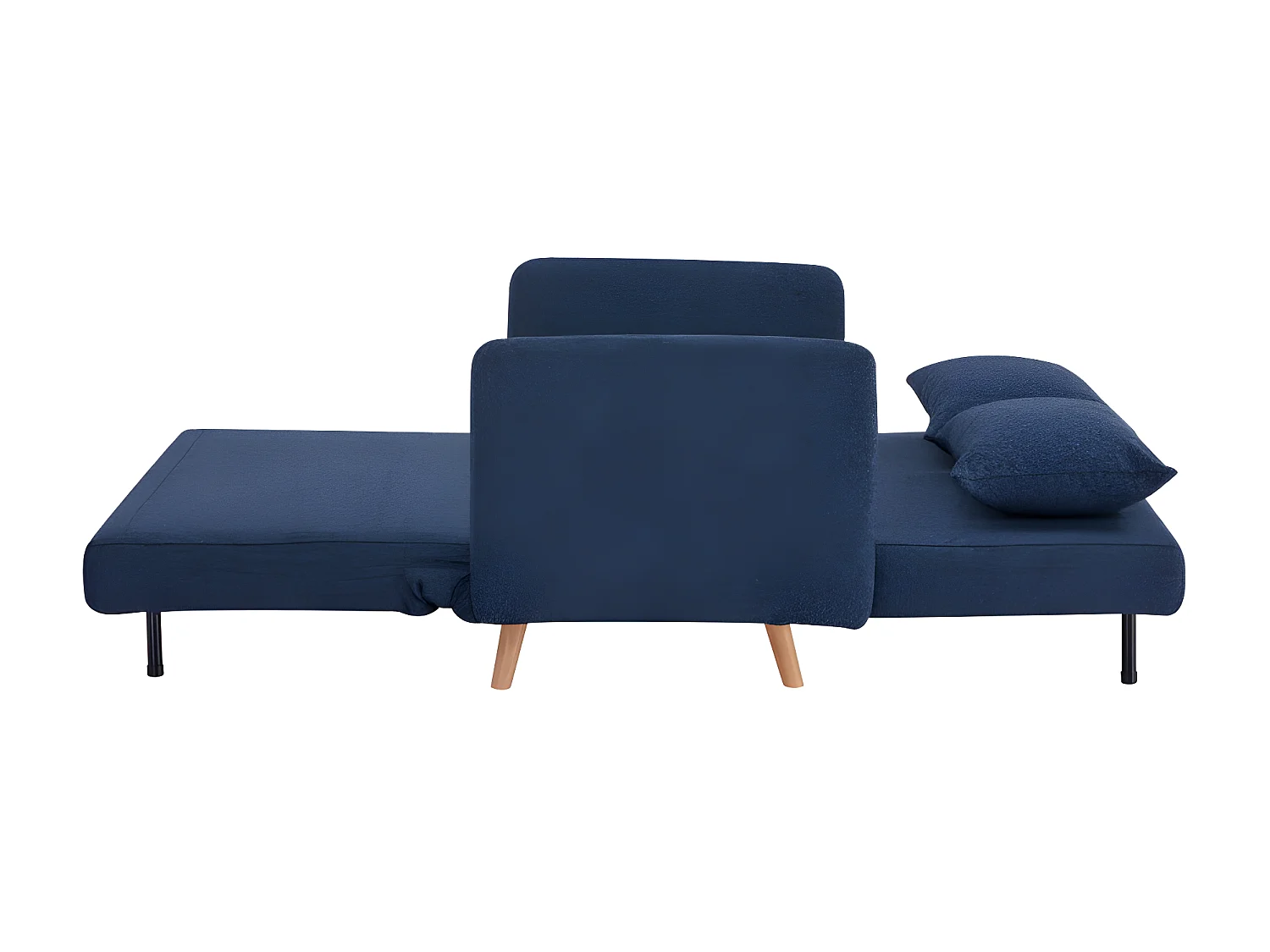 Belushi - Canapé convertible 2 places en tissu bouclette pieds bois clair L120cm - Bleu nuit