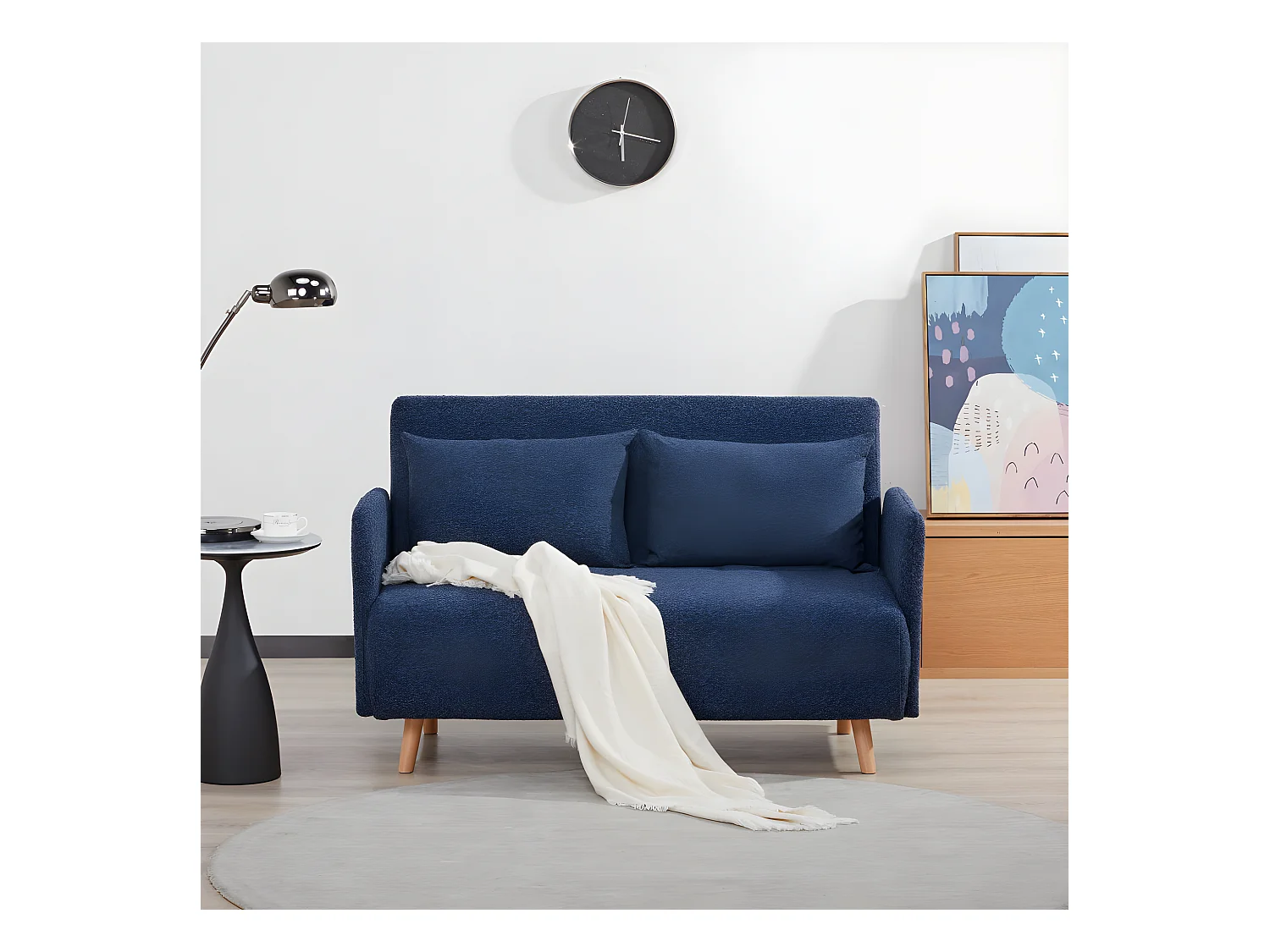 Belushi - Canapé convertible 2 places en tissu bouclette pieds bois clair L120cm - Bleu nuit