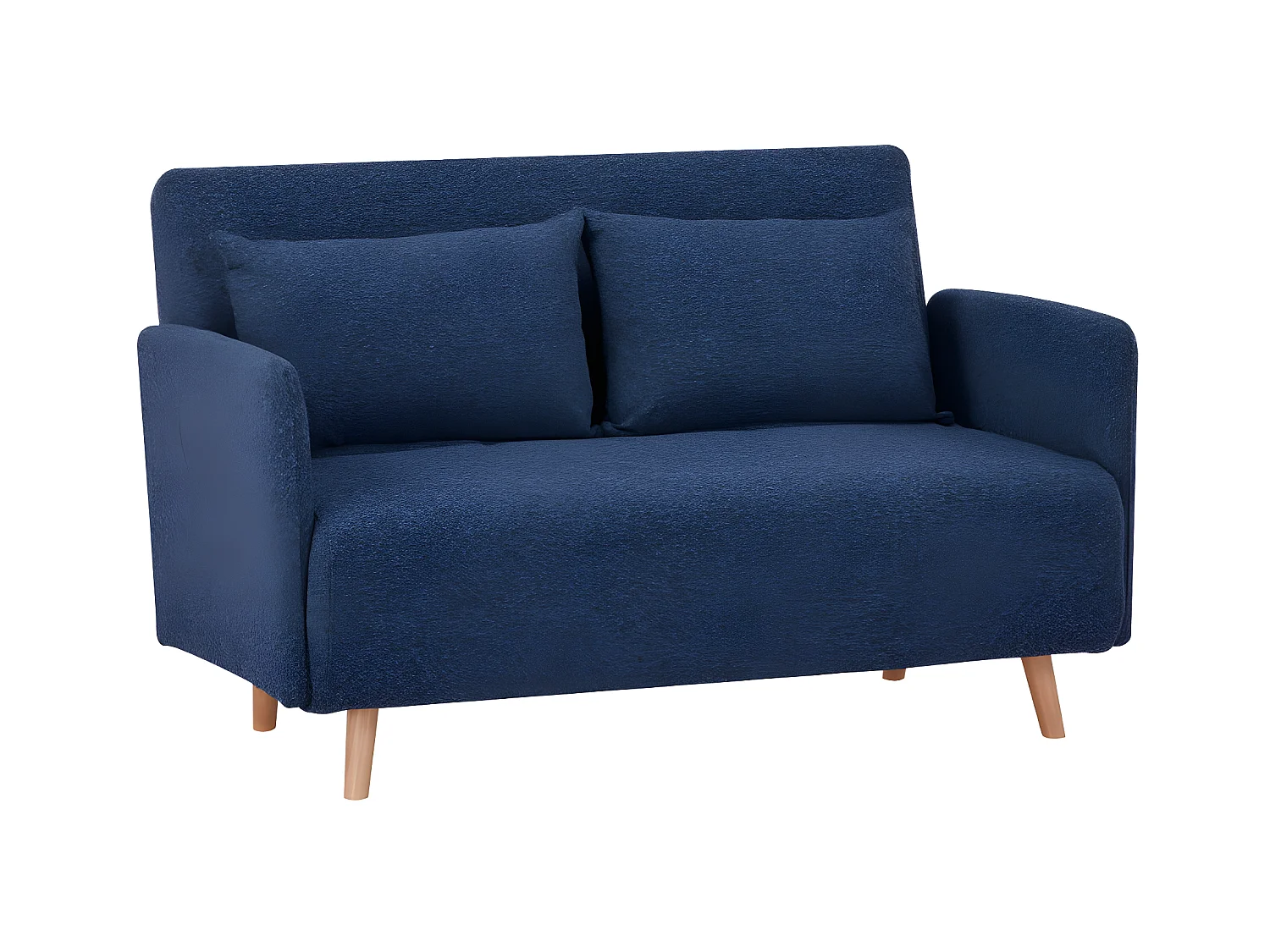 Belushi - Canapé convertible 2 places en tissu bouclette pieds bois clair L120cm - Bleu nuit