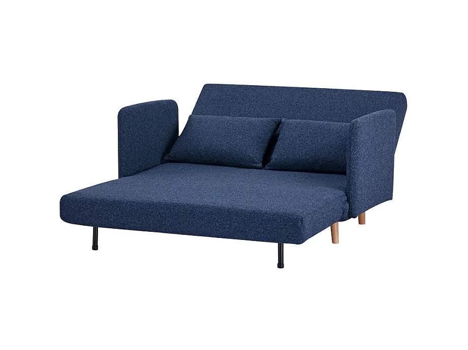 Belushi - Canapé convertible 2 places en tissu bouclette pieds bois clair L120cm - Bleu nuit