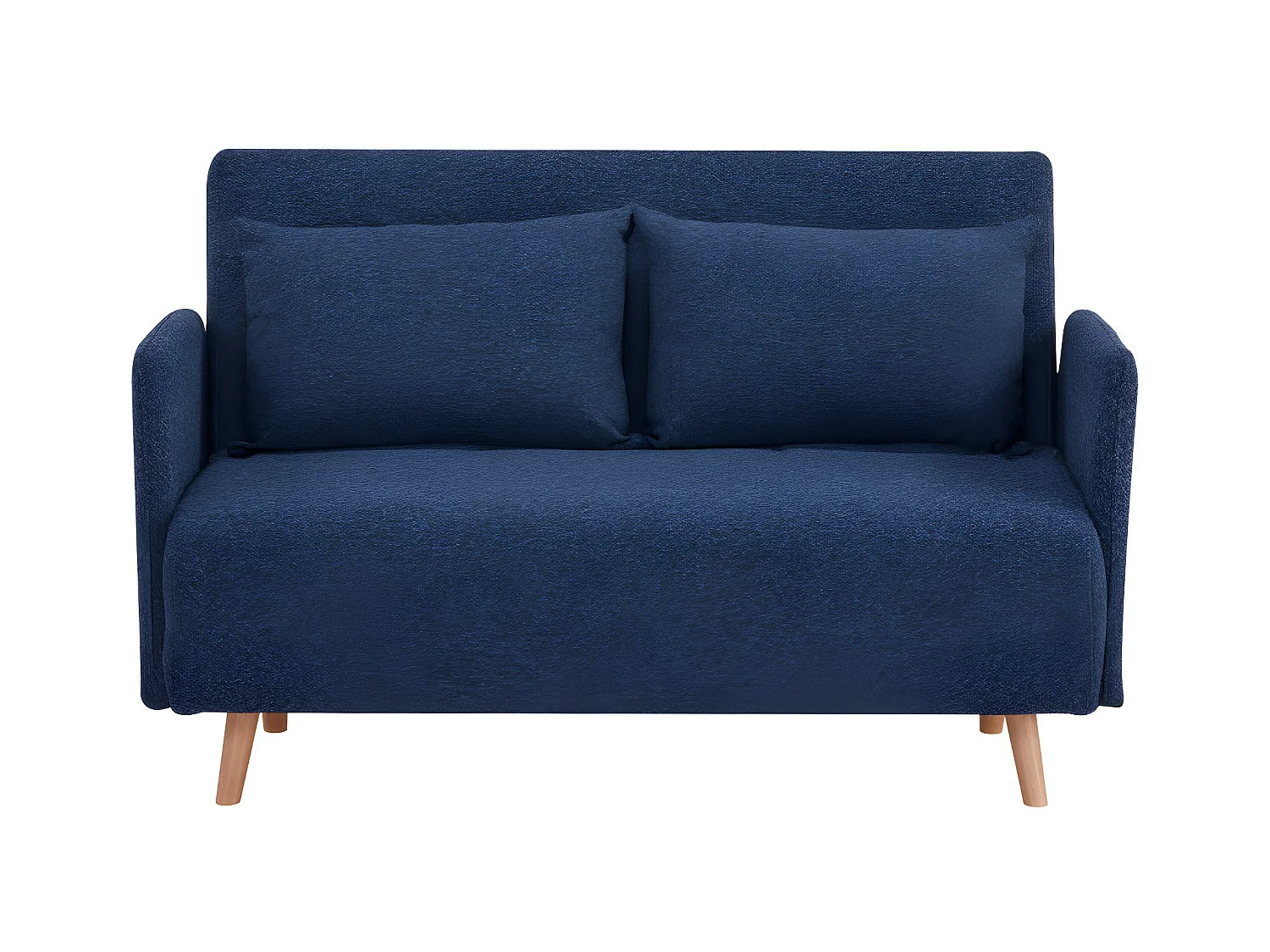 Belushi - Canapé convertible 2 places en tissu bouclette pieds bois clair L120cm - Bleu nuit