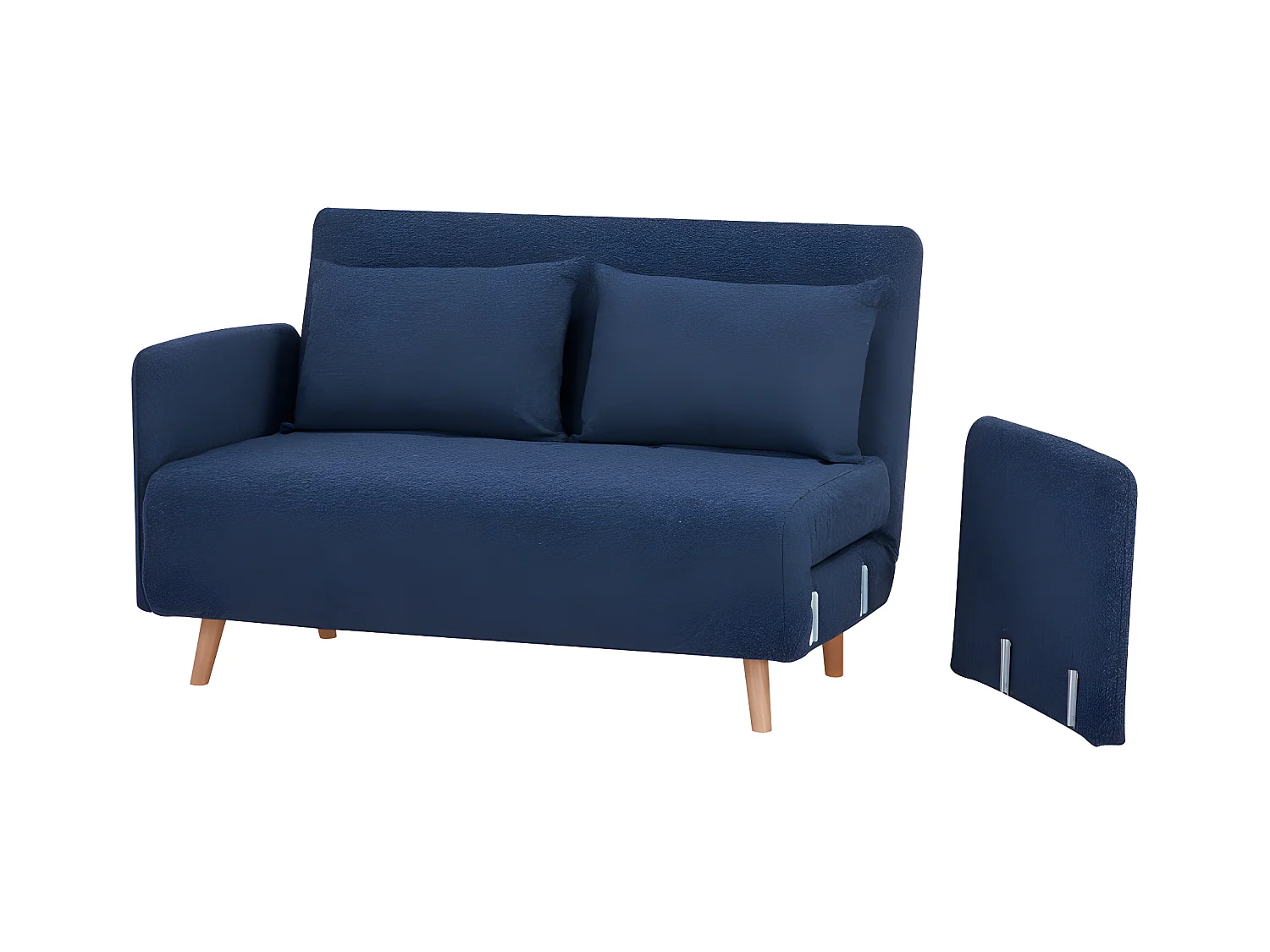 Belushi - Canapé convertible 2 places en tissu bouclette pieds bois clair L120cm - Bleu nuit