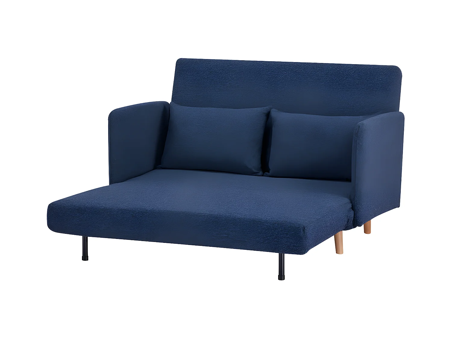 Belushi - Canapé convertible 2 places en tissu bouclette pieds bois clair L120cm - Bleu nuit
