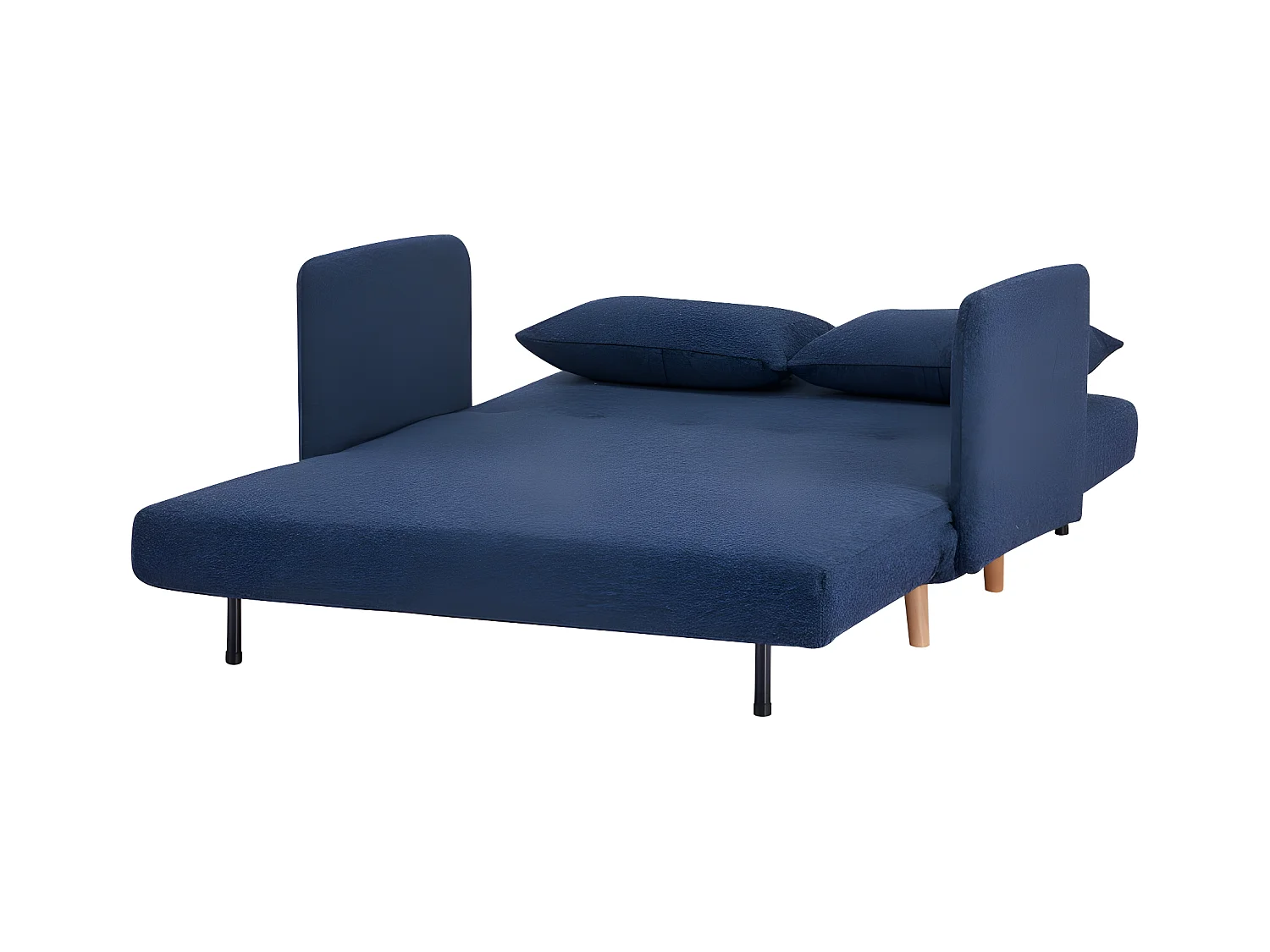 Belushi - Canapé convertible 2 places en tissu bouclette pieds bois clair L120cm - Bleu nuit