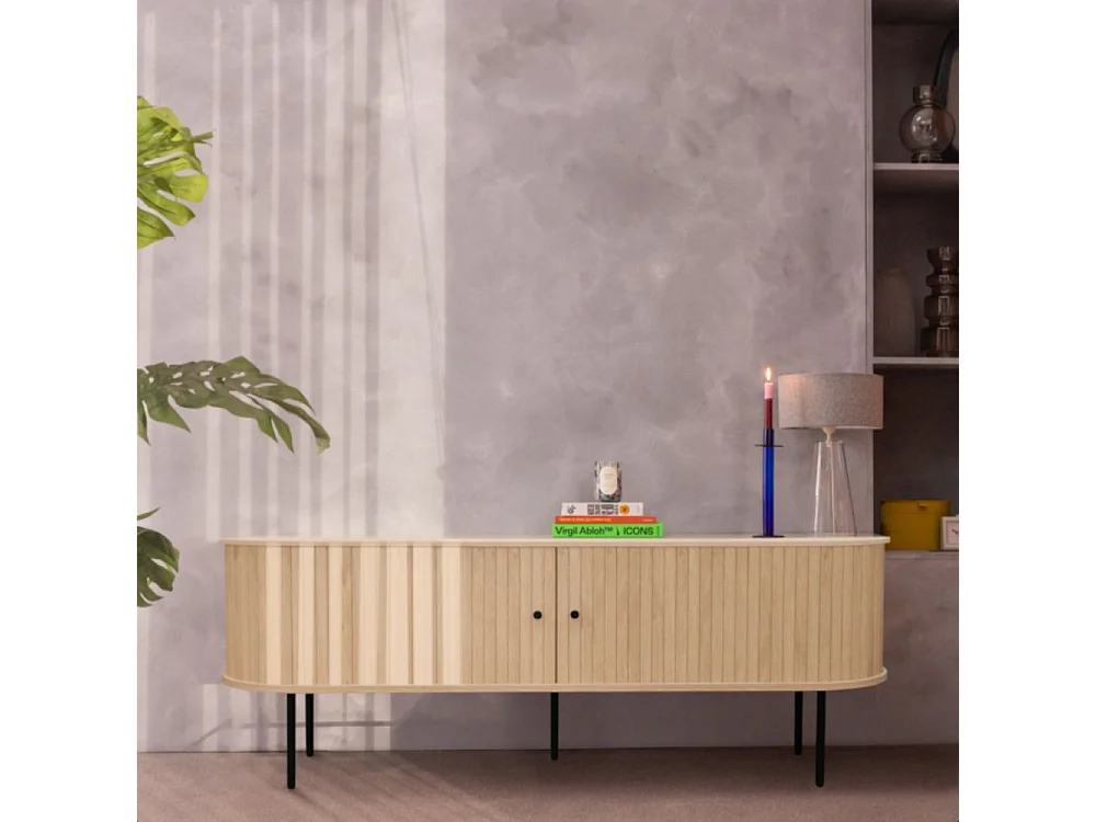 Lucie - Meuble TV aux portes coulissantes en bois et métal L200cm - Bois clair