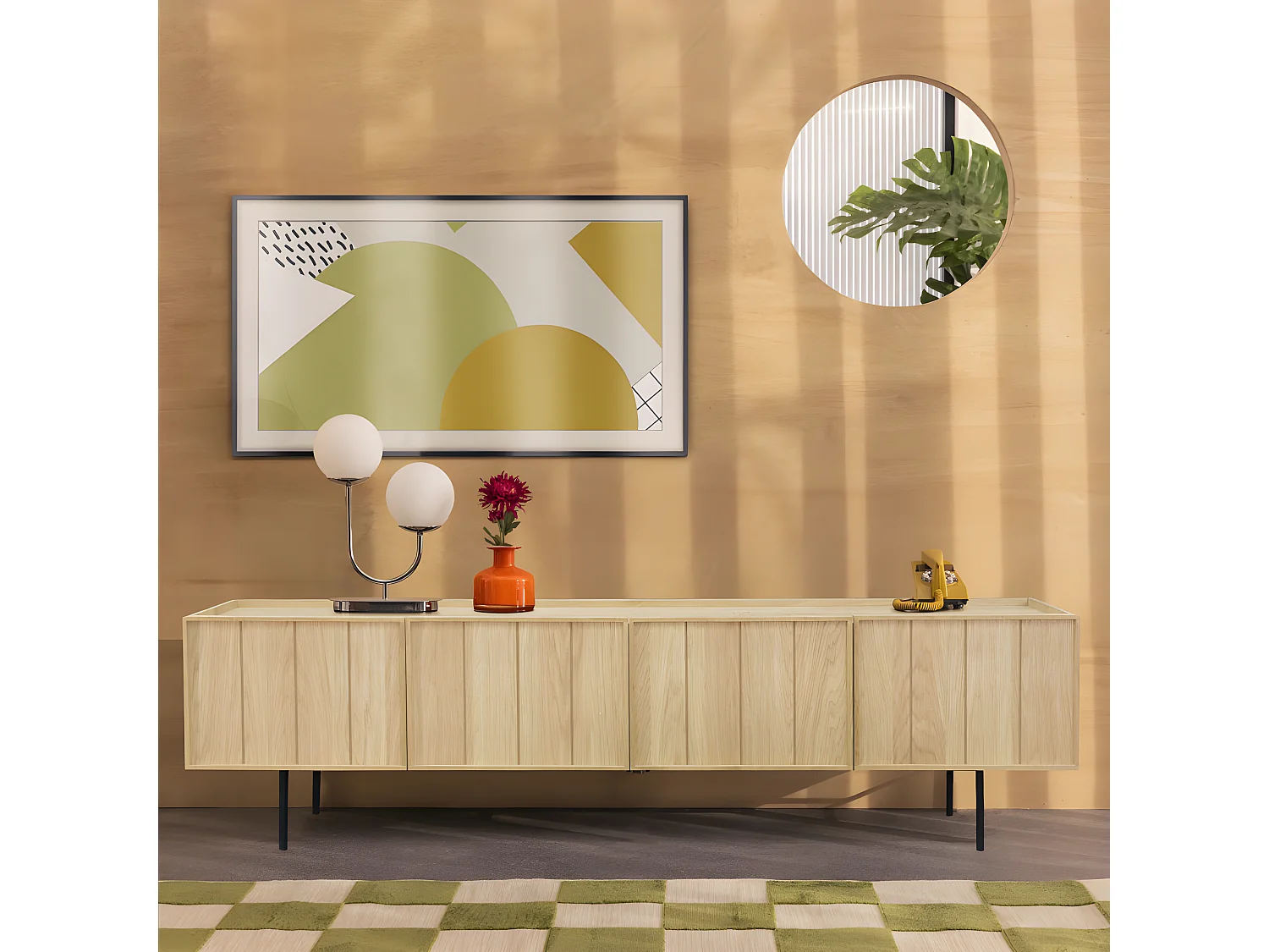 Lines - Meuble TV 4 portes en bois L160cm - Bois clair