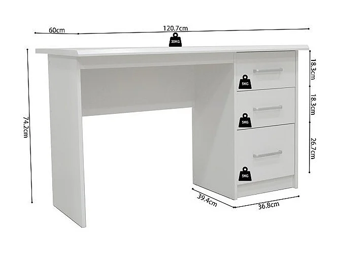 Bureau droit PRAGUE – 3 tiroirs – Coloris blanc – Design moderne et fonctionnel