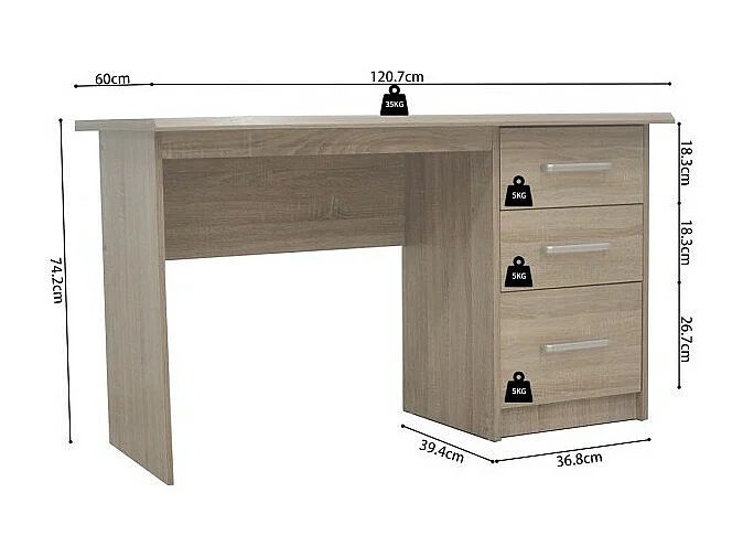 Escritório direito da coleção PRAGUE com 3 gavetas em carvalho sonoma.