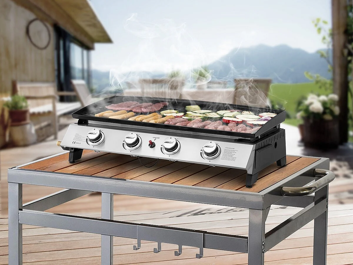 Plancha gas bbq gasgrill bakplaat 4 branders "Jolly" - 10 kW - Grijs