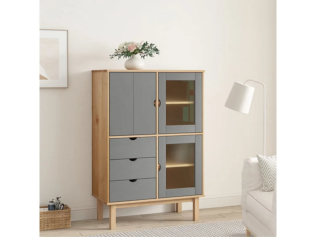 Buffet haut OTTA marron et gris 85x43x125 cm bois massif de pin