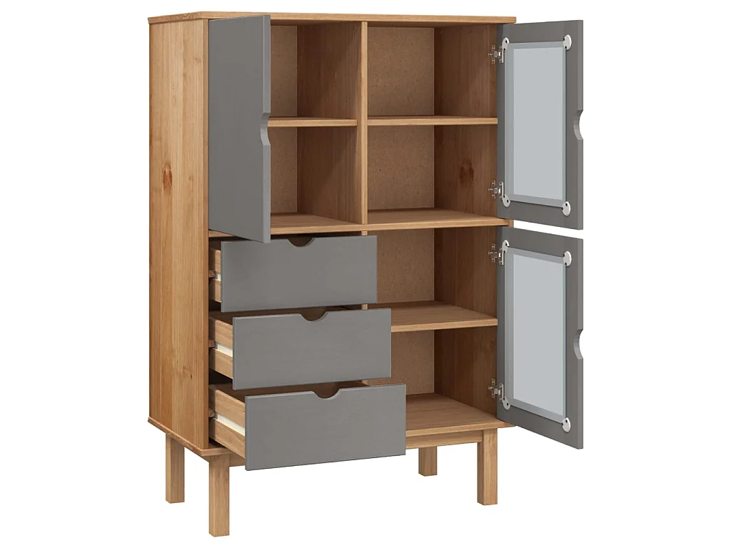 Buffet haut OTTA marron et gris 85x43x125 cm bois massif de pin