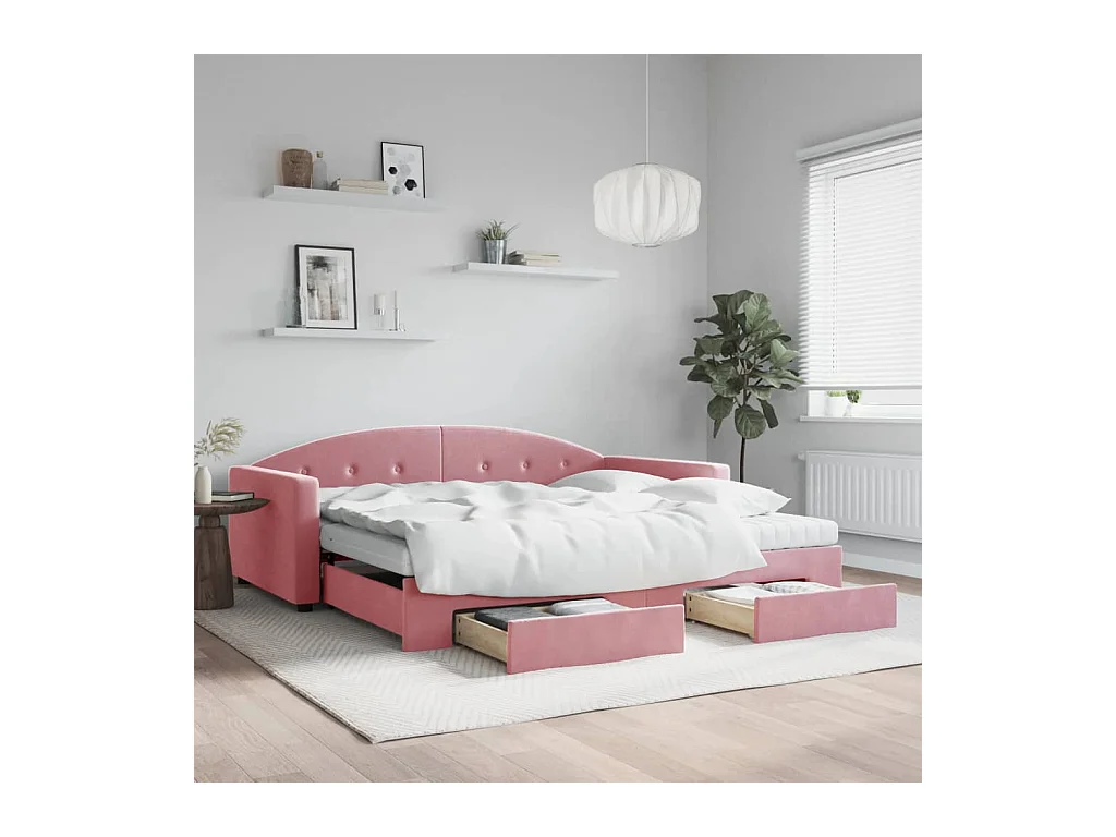 Lit de jour avec gigogne et tiroirs rose 100x200 cm velours