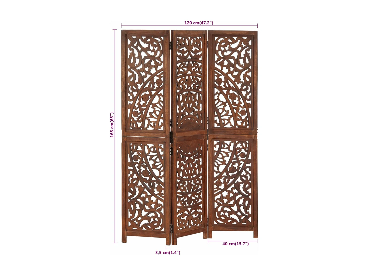 Biombo esculp mão 3 painéis 120x165cm mangueira maciça castanho