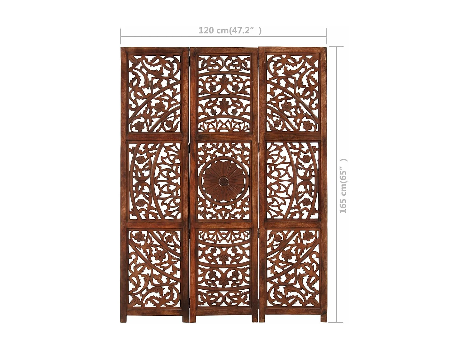 Biombo esculp mão 3 painéis 120x165cm mangueira maciça castanho