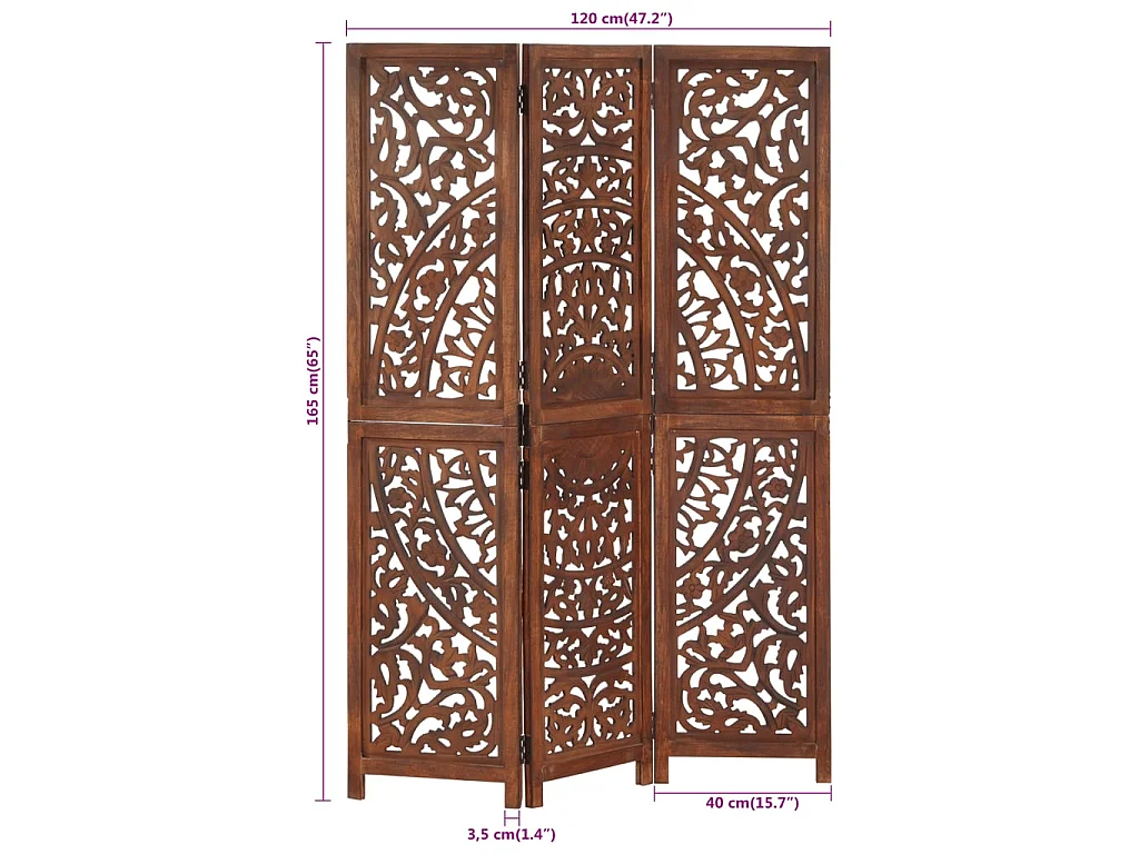 Paravent 3 panneaux Marron 120x165cm Bois manguier