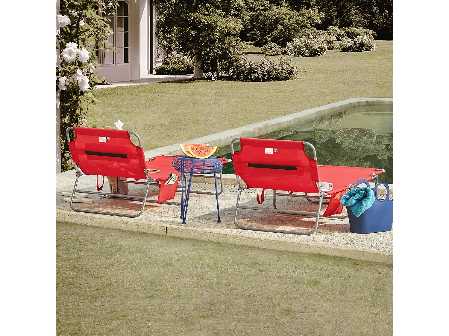 SoBuy Chaise Longue Pliable et Réglable, Transat de Jardin avec Appui-Tête et Pochette, Bain de Soleil, Charge 120 kg, Rouge, OGS35-Rx2