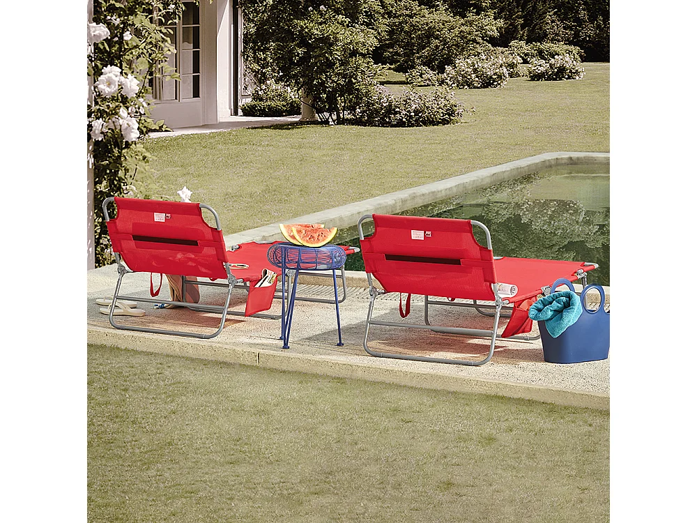 SoBuy Chaise Longue Pliable et Réglable, Transat de Jardin avec Appui-Tête et Pochette, Bain de Soleil, Charge 120 kg, Rouge, OGS35-Rx2