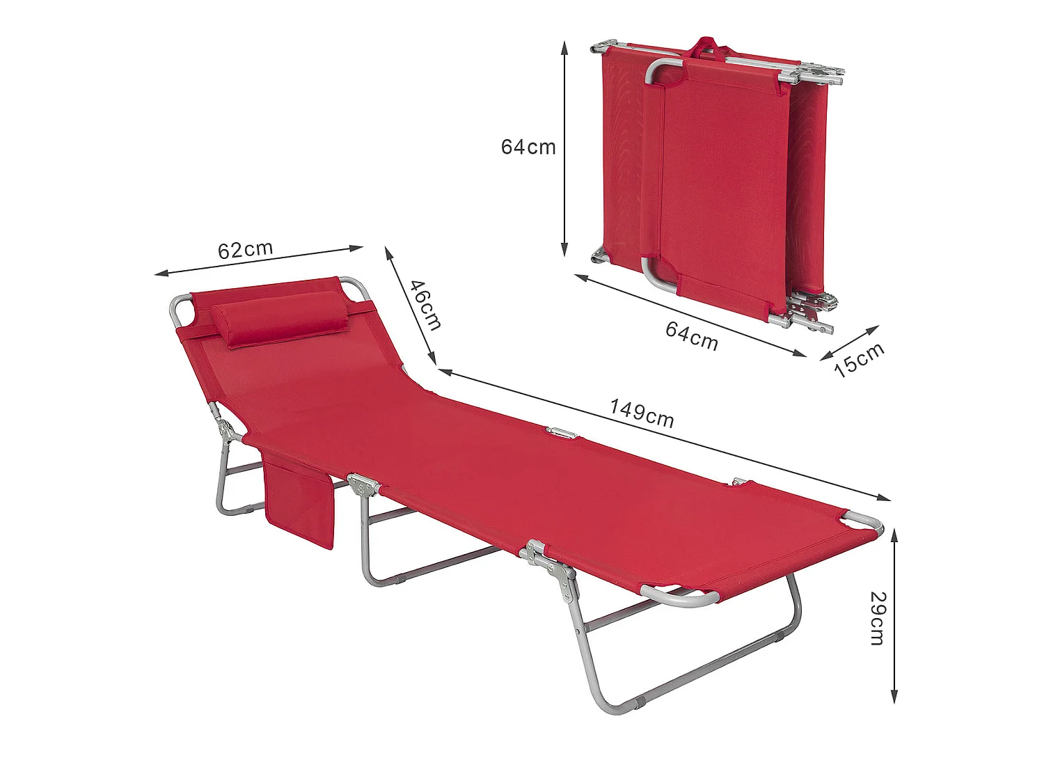 SoBuy Chaise Longue Pliable et Réglable, Transat de Jardin avec Appui-Tête et Pochette, Bain de Soleil, Charge 120 kg, Rouge, OGS35-Rx2