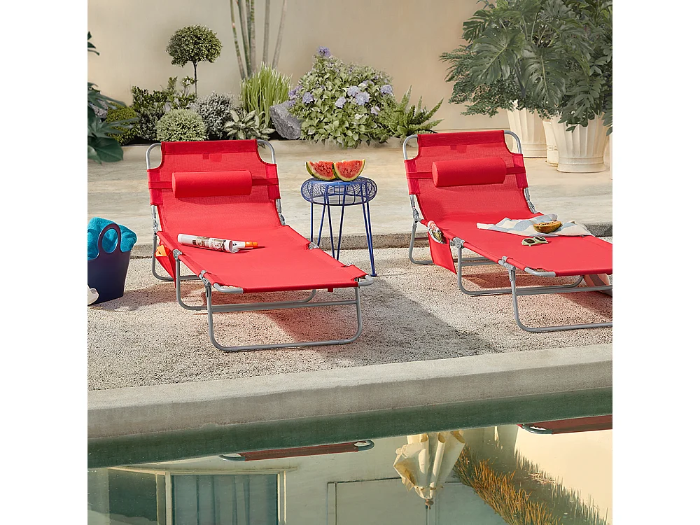 SoBuy Chaise Longue Pliable et Réglable, Transat de Jardin avec Appui-Tête et Pochette, Bain de Soleil, Charge 120 kg, Rouge, OGS35-Rx2