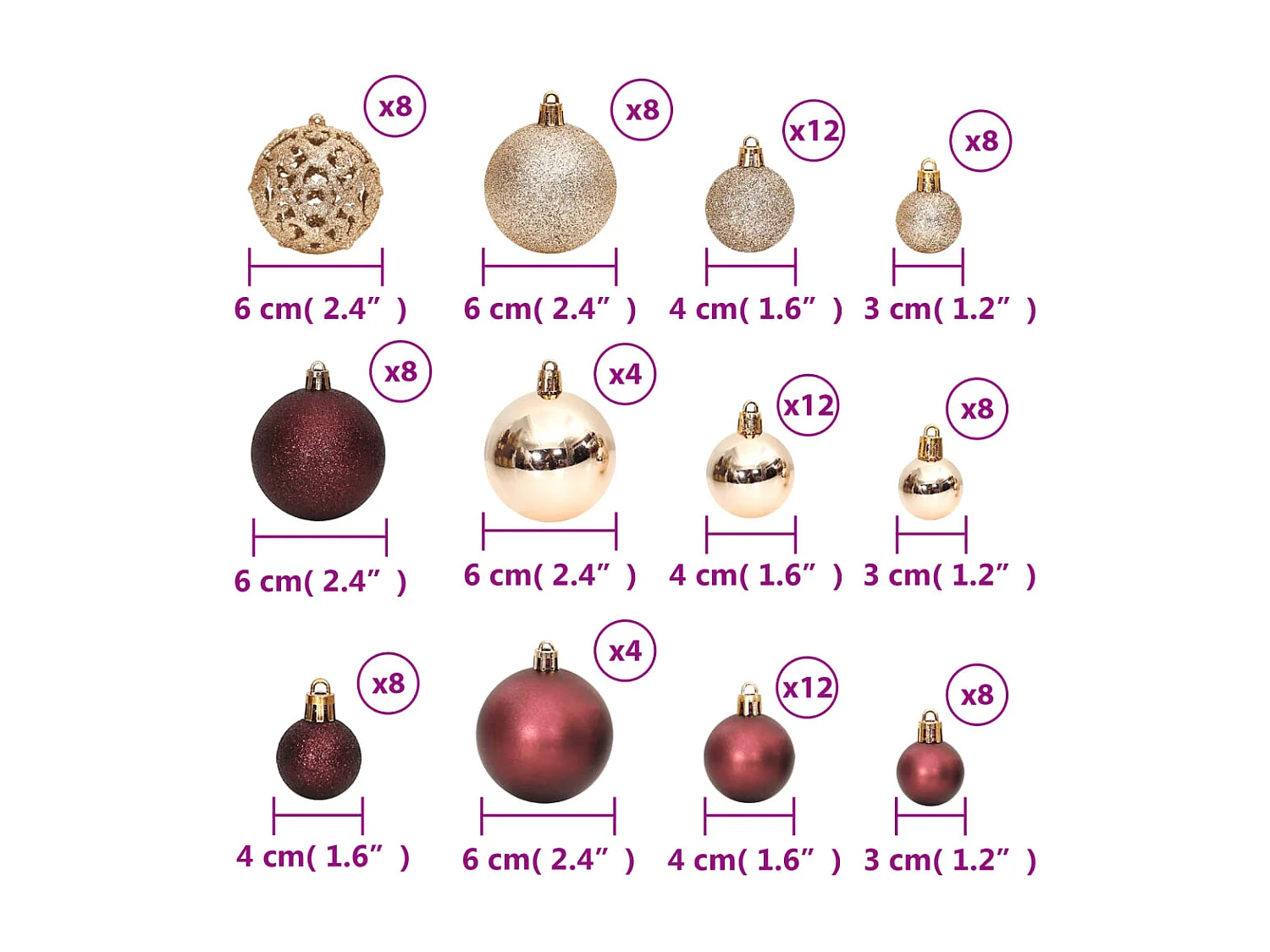 Boules de Noël 100 pcs champagne et marron 3 / 4 / 6 cm