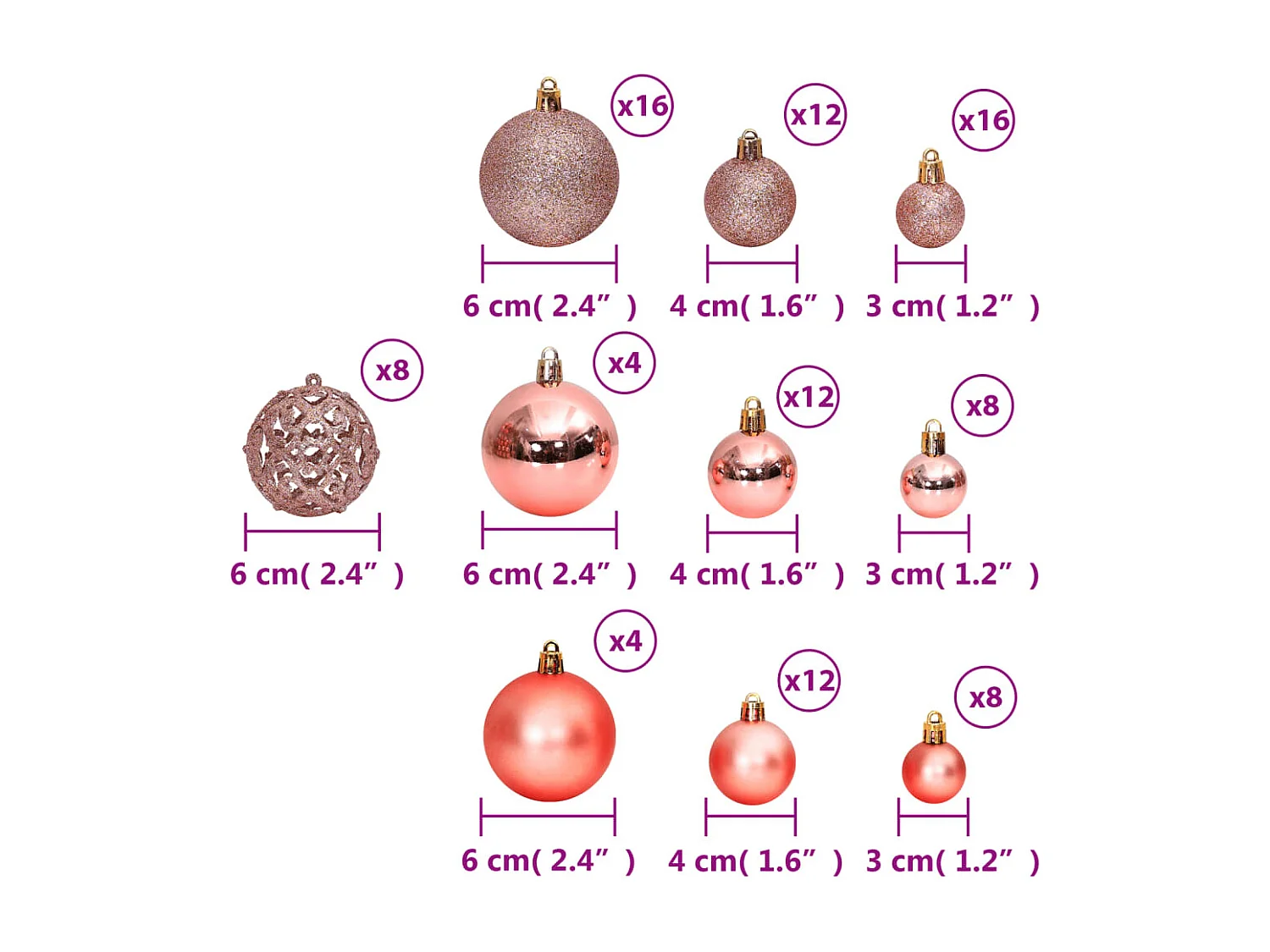 Boules de Noël 100 pcs rose et rosé 3 / 4 / 6 cm