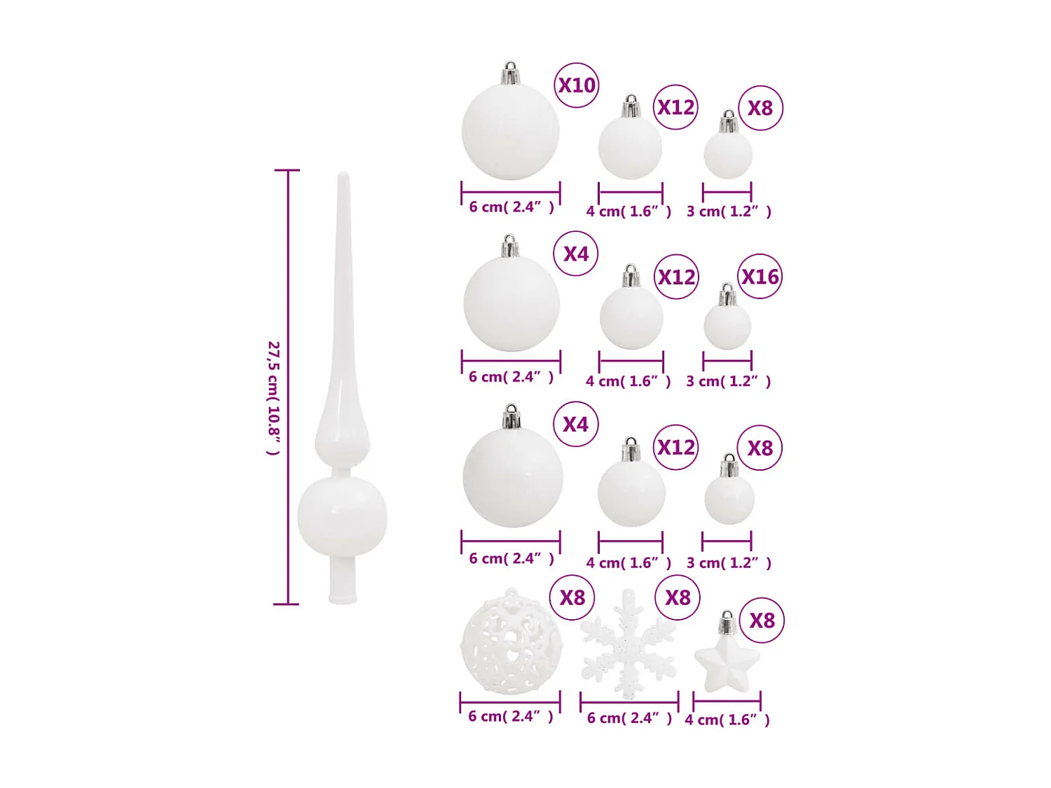 Ensemble de boules de Noël 111 pièces blanc polystyrène
