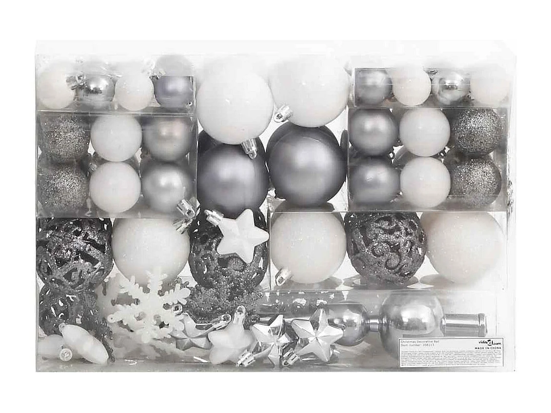Ensemble de boules de Noël 111 pièces blanc et gris polystyrène