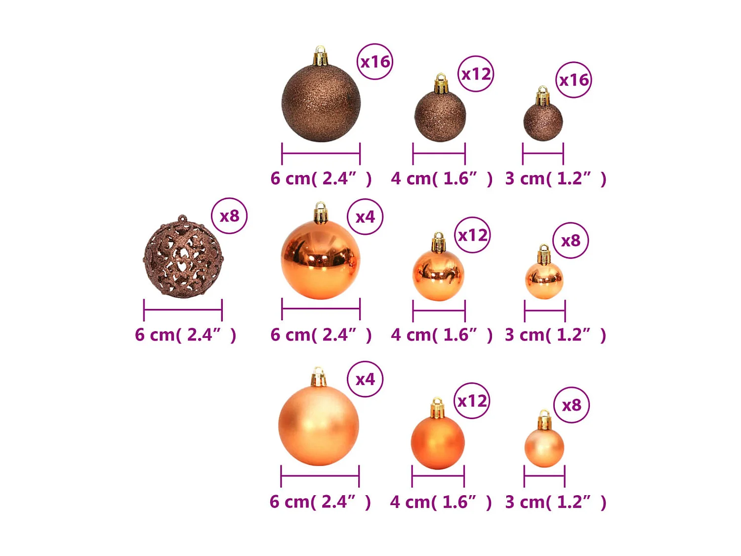 Kerstballen 100 st 3/4/6 cm bruin