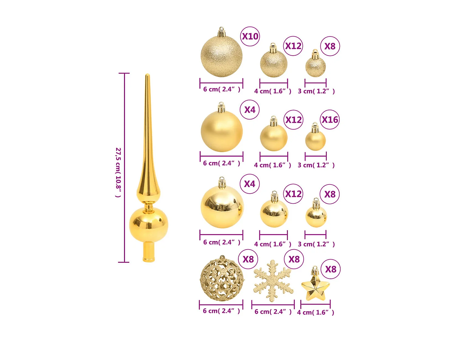 Ensemble de boules de Noël 111 pièces doré polystyrène