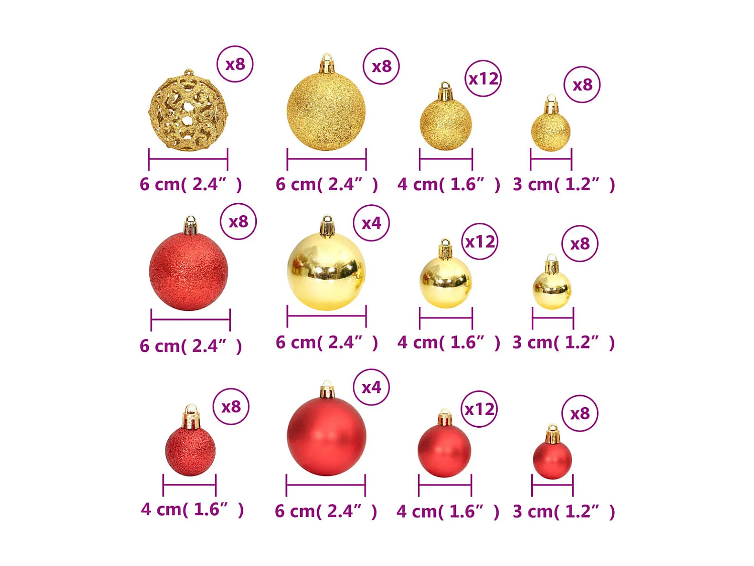 Kerstballen 100 st 3/4/6 cm goudkleurig en wijnrood