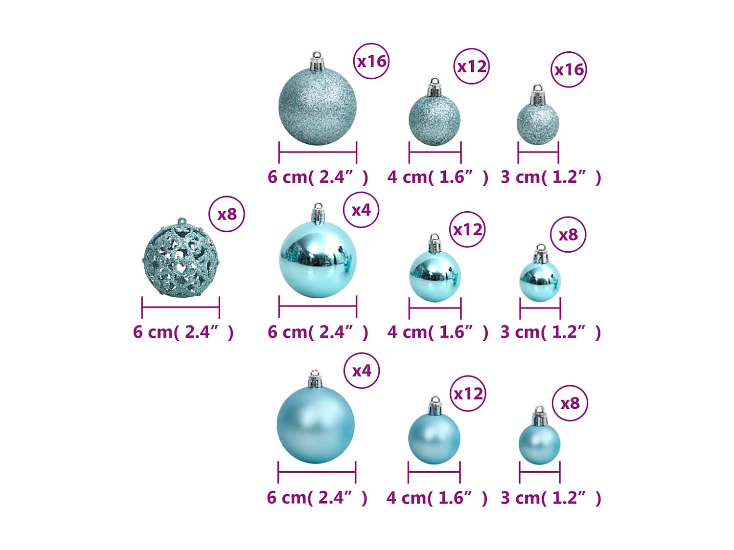 Boules de Noël 100 pcs turquoise 3 / 4 / 6 cm