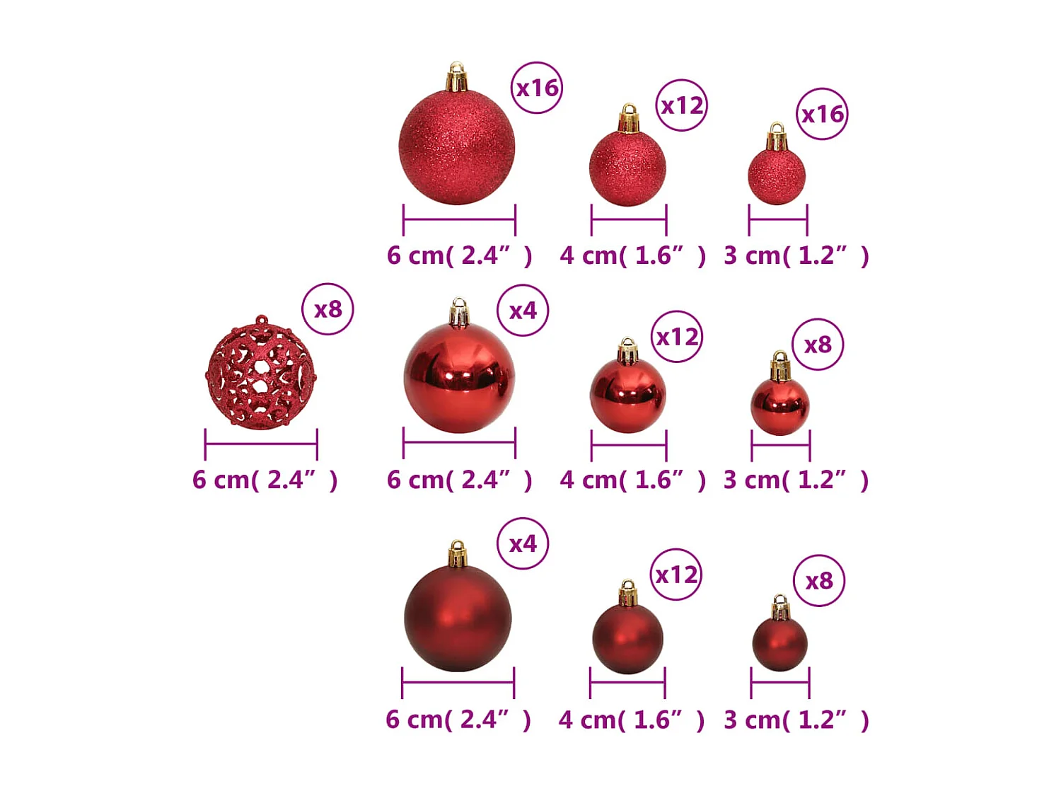 Kerstballen 100 st 3/4/6 cm wijnrood