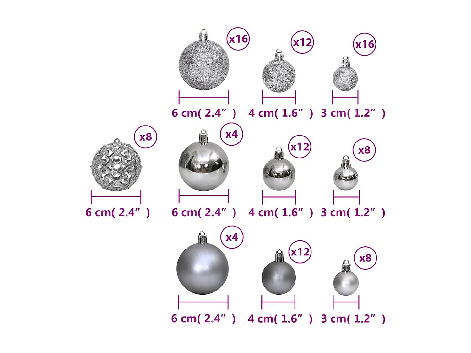 Enfeites de Natal 100 pcs 3 / 4 / 6 cm cinzento