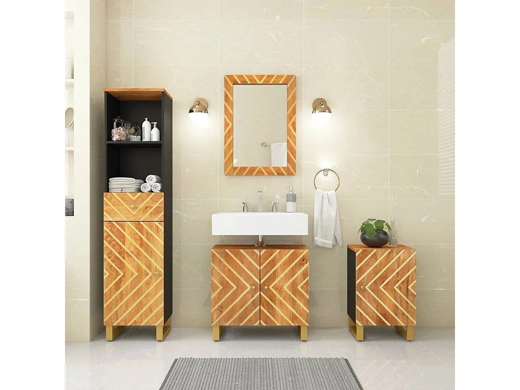 Ensemble d'armoires de bain 4 pcs marron noir bois de manguier