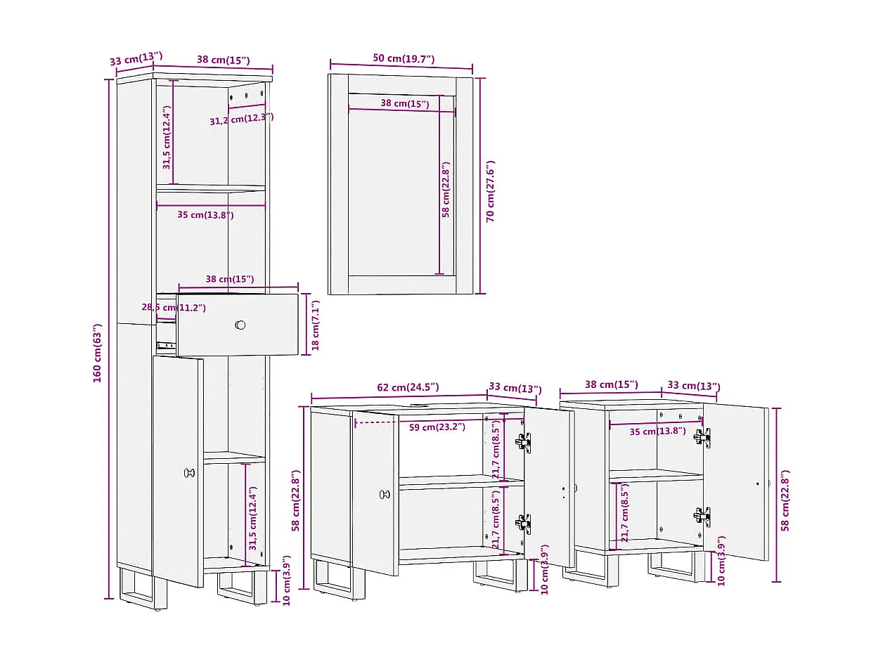 Ensemble d'armoires de bain 4 pcs marron noir bois de manguier