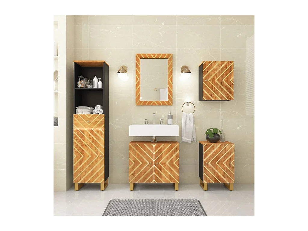 5-tlg. Badschrank-Set Braun und Schwarz Massivholz Mango