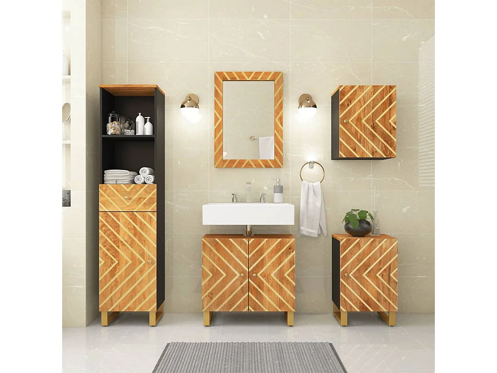 5-delige Badkamermeubelset massief mangohout bruin en zwart