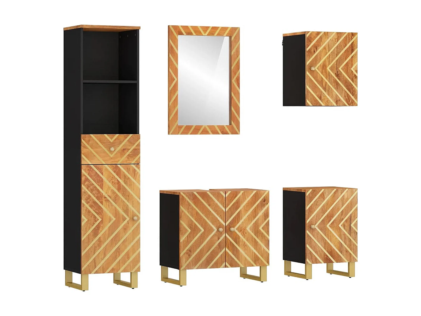 5-delige Badkamermeubelset massief mangohout bruin en zwart