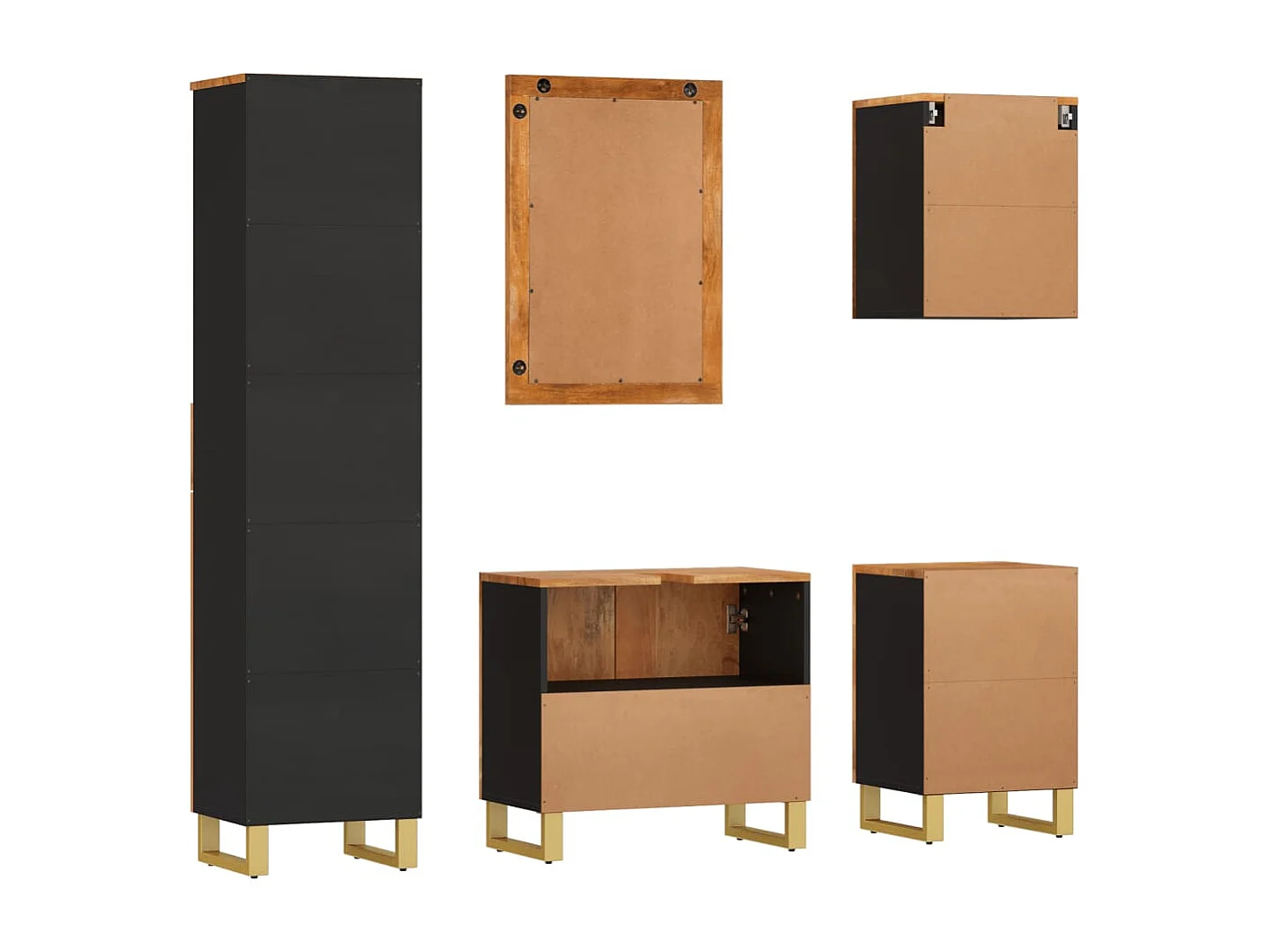 5-delige Badkamermeubelset massief mangohout bruin en zwart