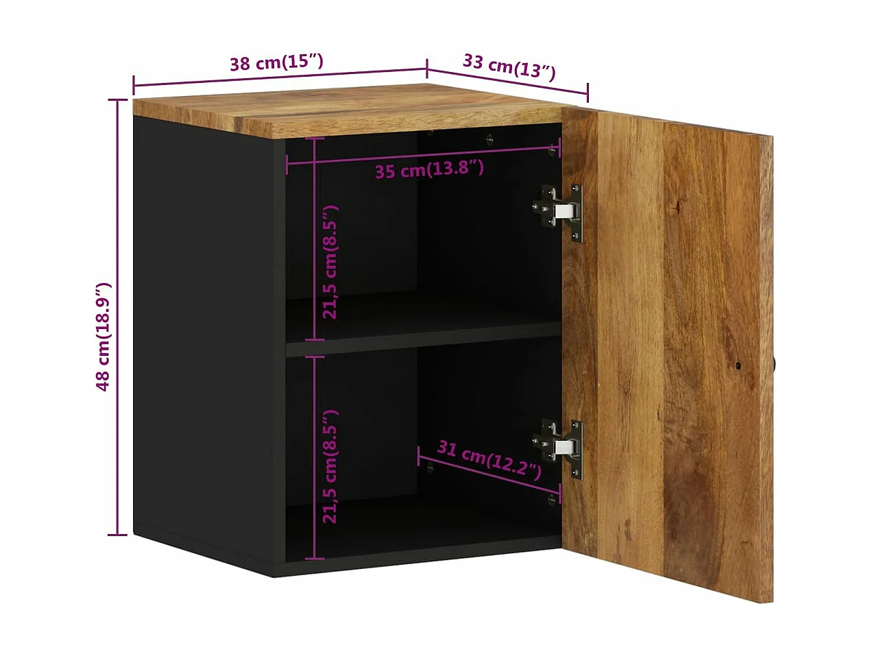 Armoire de salle de bain murale 38x33x48cm bois massif manguier