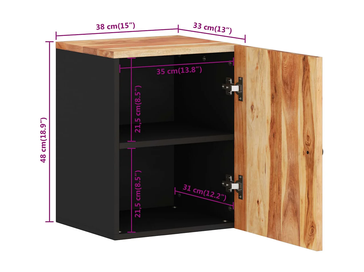 Armoire de salle de bain murale 38x33x48cm bois massif d'acacia